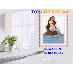 Tranh thêu mẹ con nàng tiên cá